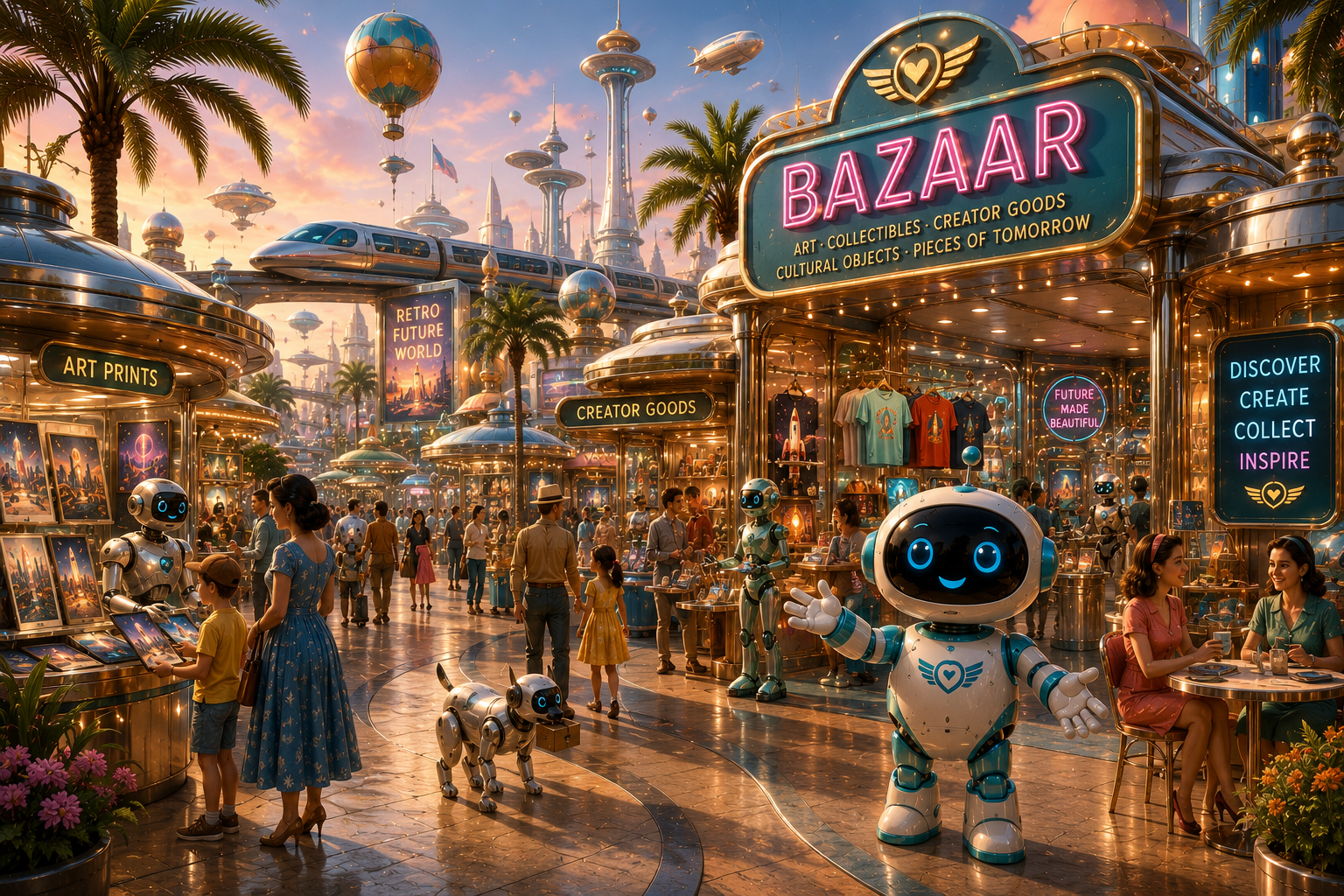 Retro Future Commons Bazaar with chrome kiosks, visitors, robot vendors, palm trees, cafes, and golden retro-futurist plaza lighting