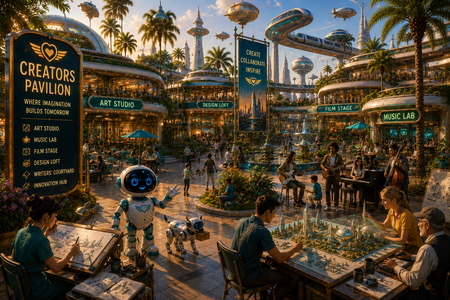 Retro Future Commons Creators Pavilion with artists, musicians, designers, robots, palm trees, and optimistic retro-futurist studios