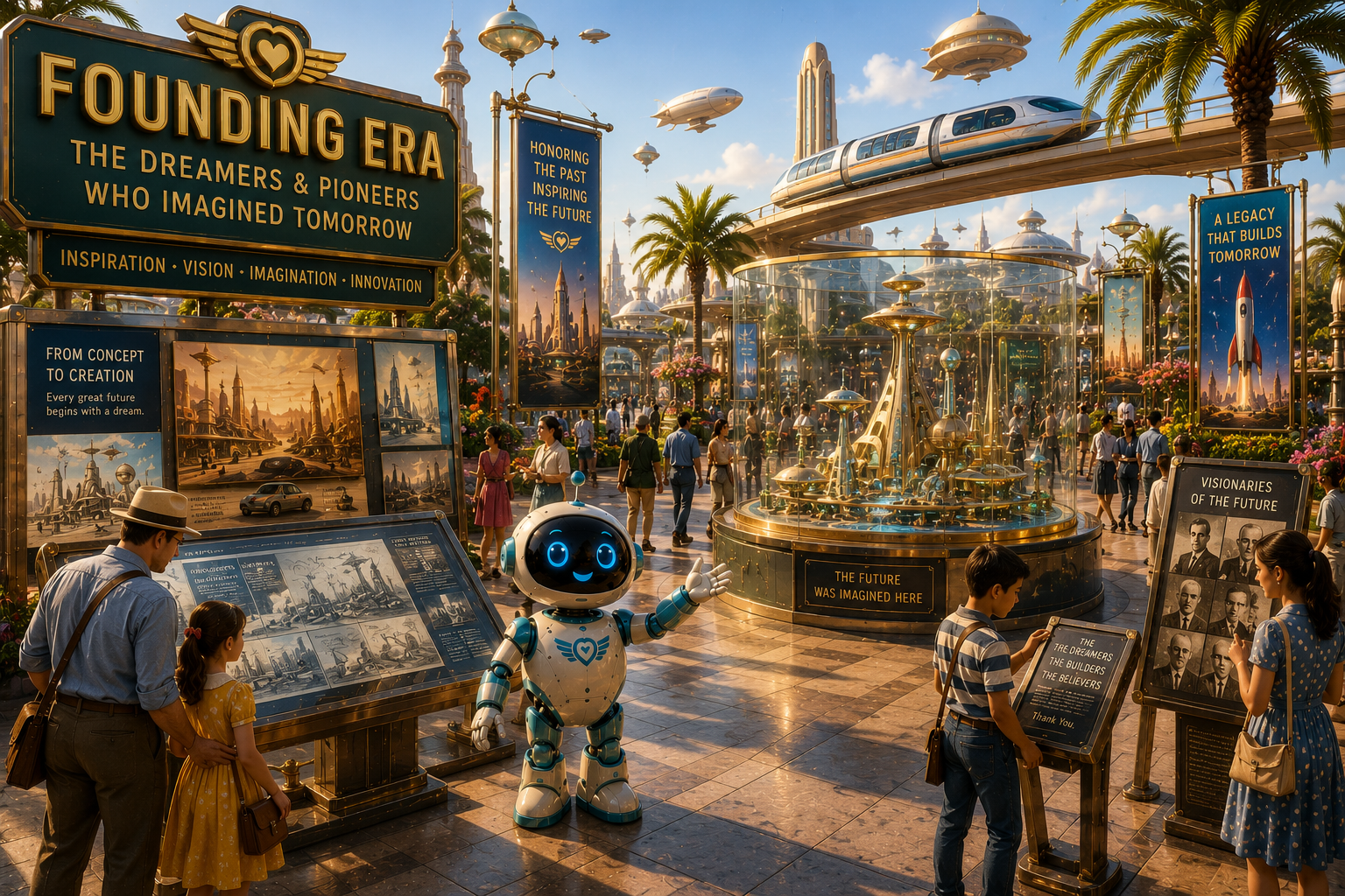 Retro Future Commons Founding Era plaza with visitors, exhibits, palm trees, monorail, and optimistic retro-futurist architecture