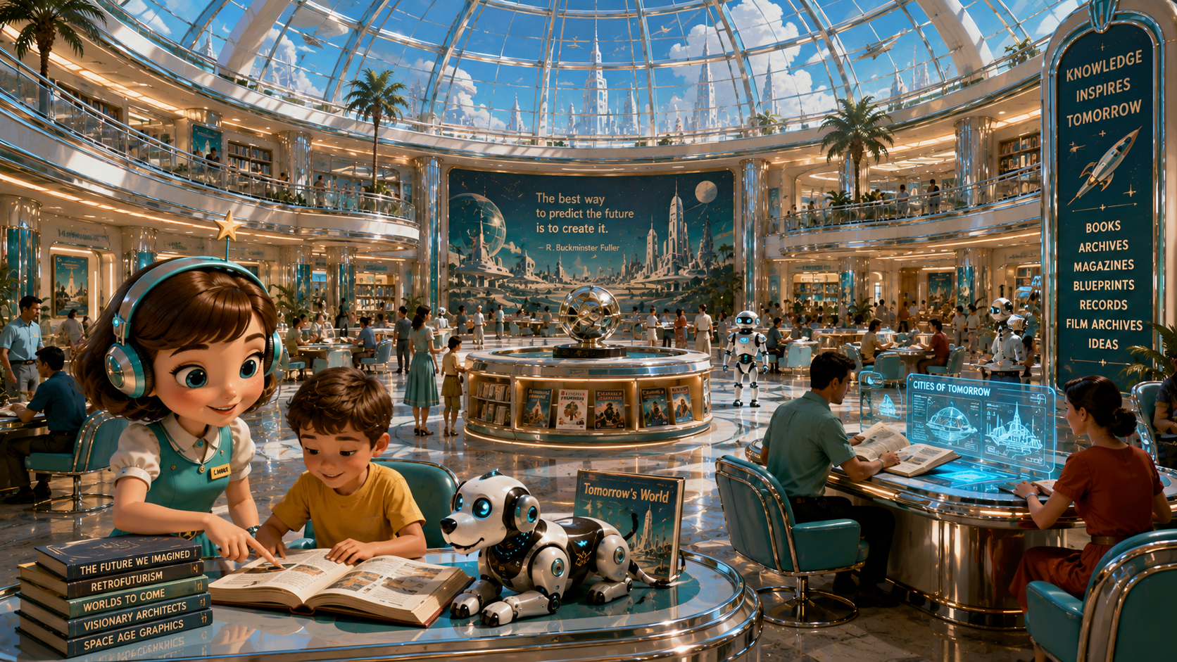 Retro Future Commons Library with books, archives, holographic displays, Luma, and families reading