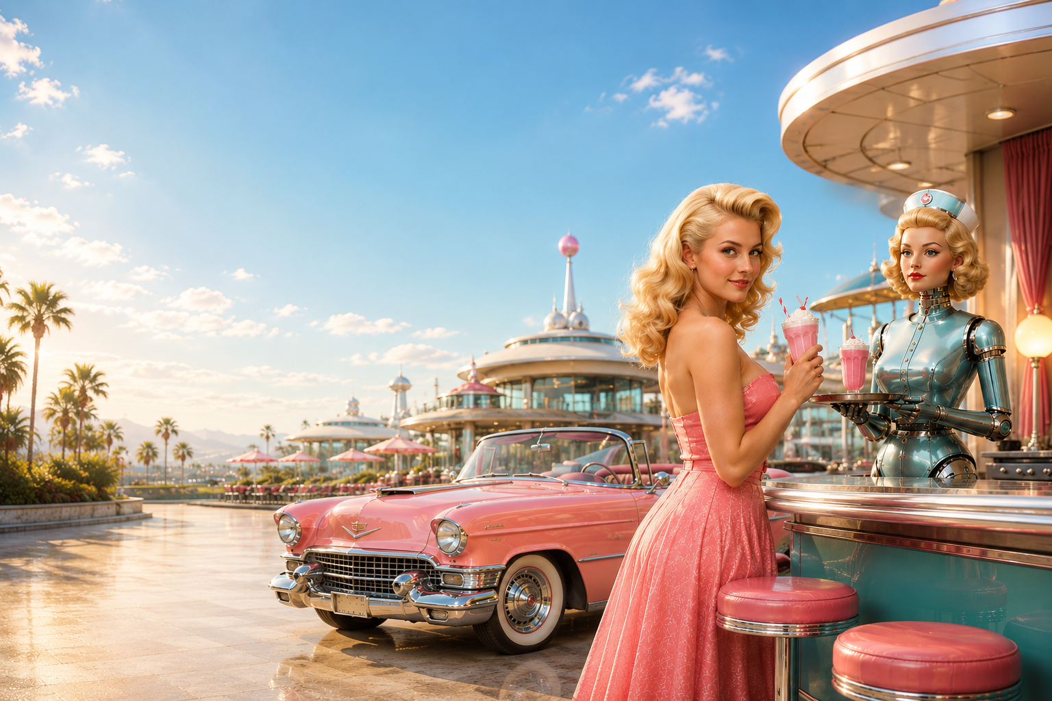 Luna enjoying a strawberry milkshake at the Galaxy Soda Fountain in Retro Future World