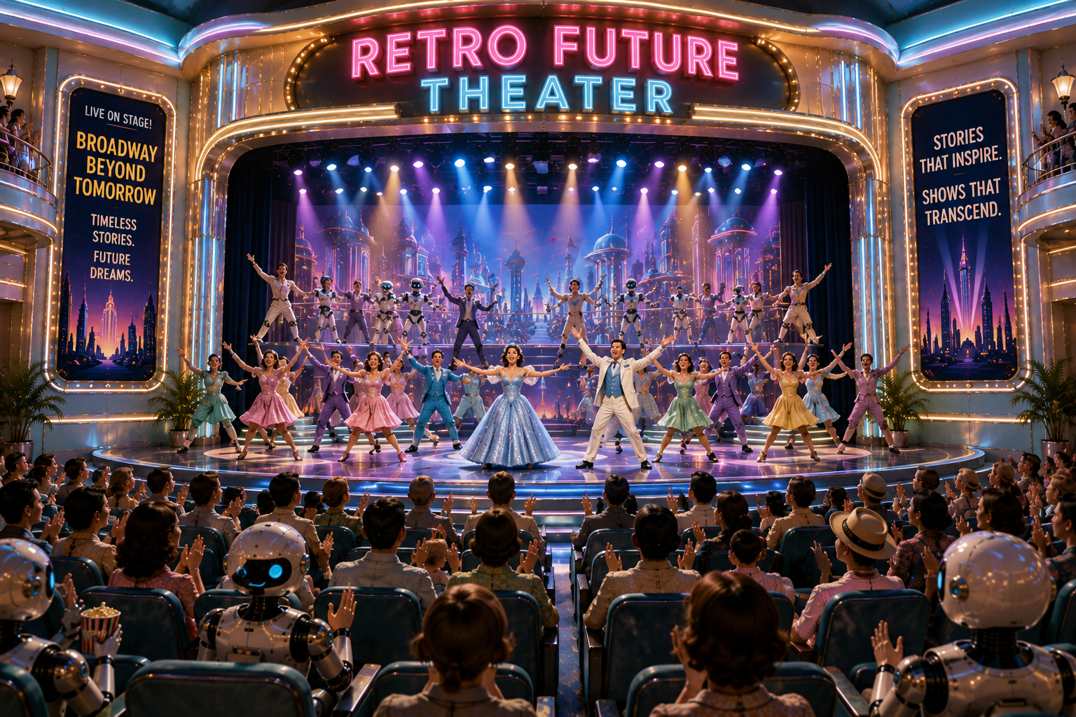 A colorful retro-futuristic Broadway-style musical production