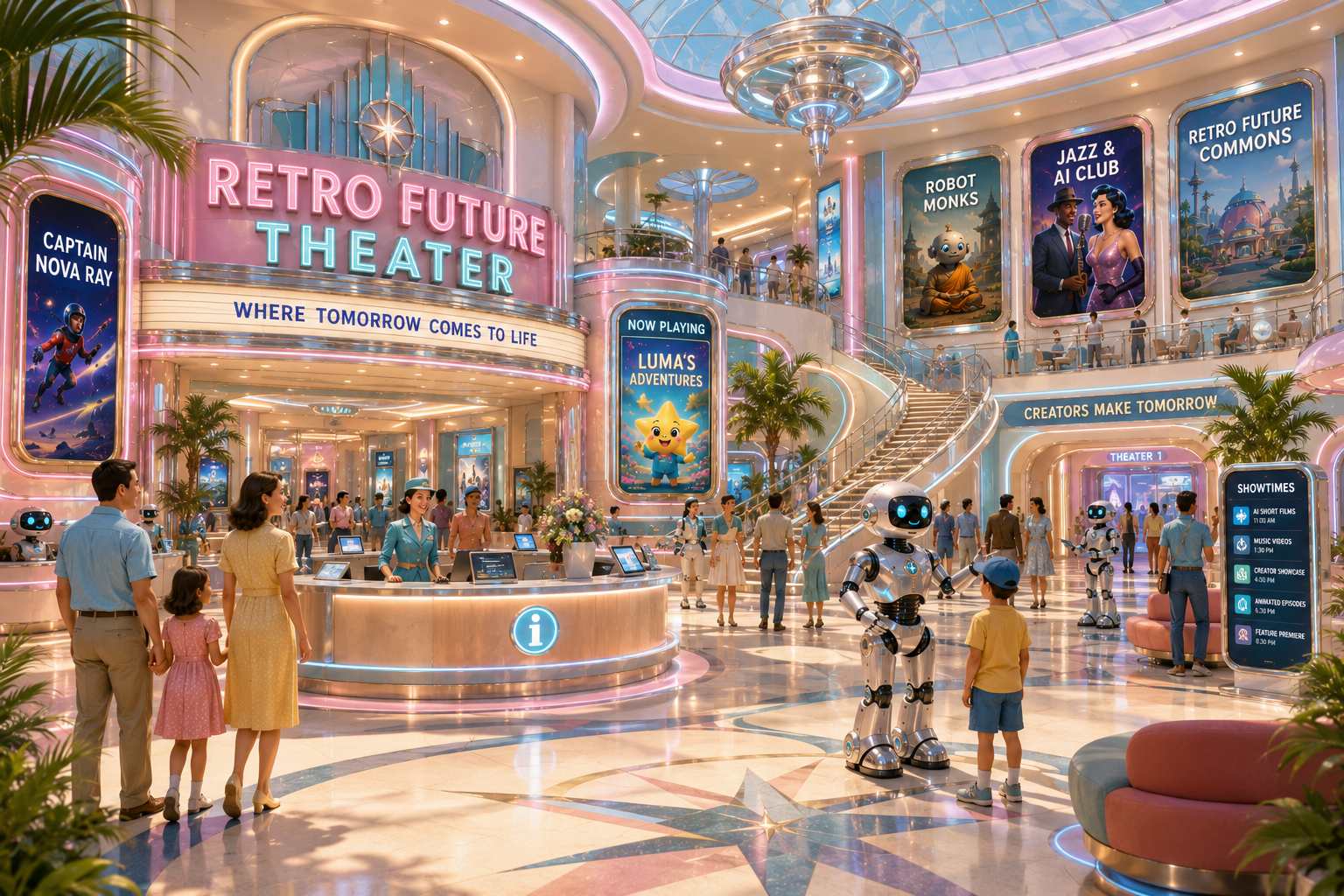 The bright chrome and pastel grand lobby of Retro Future Theater