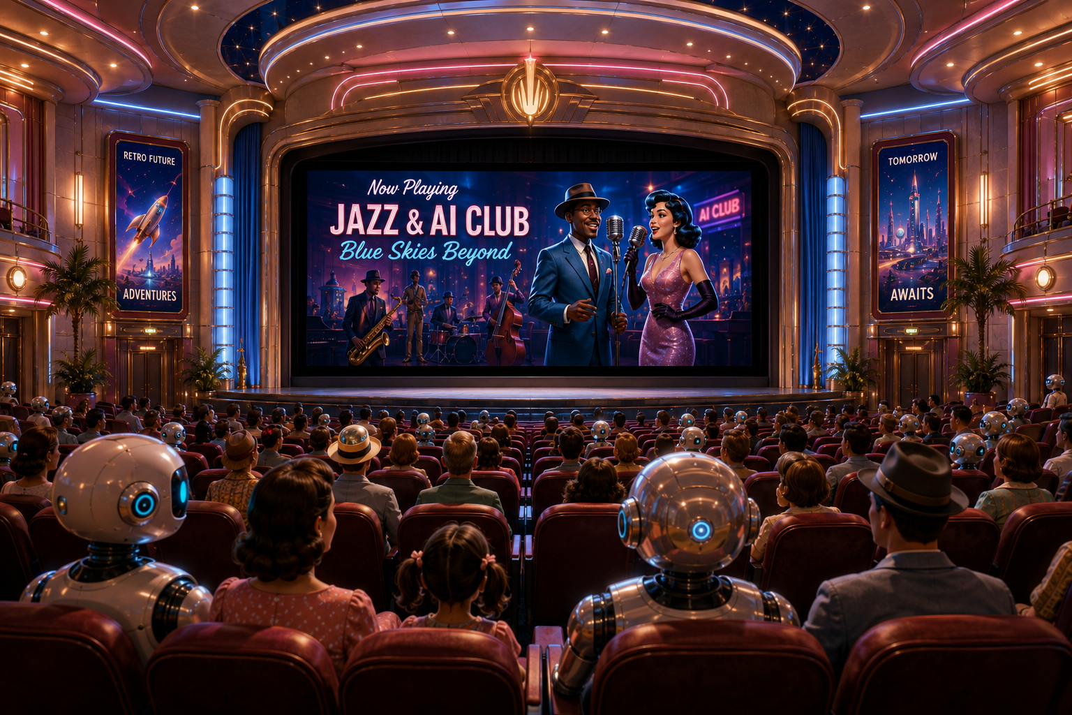 Families and friendly robots watching a premiere in the main auditorium