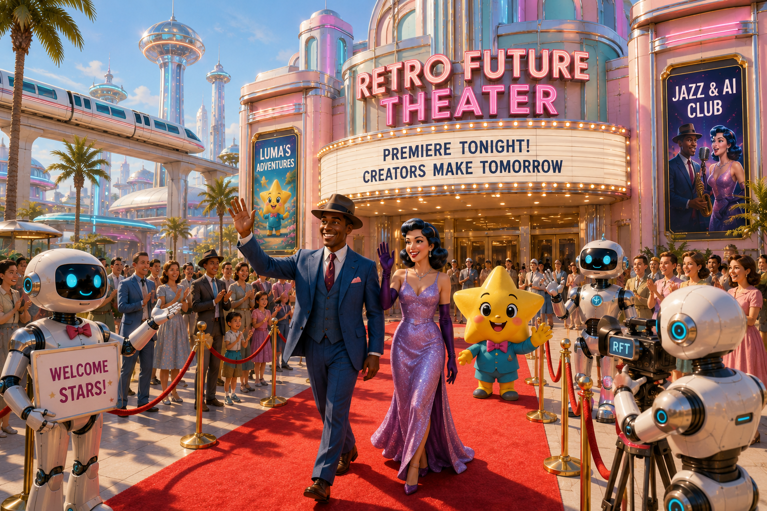 A bright Retro Future Theater premiere with Miles Sterling, Vanessa Blue, Luma and friendly robots