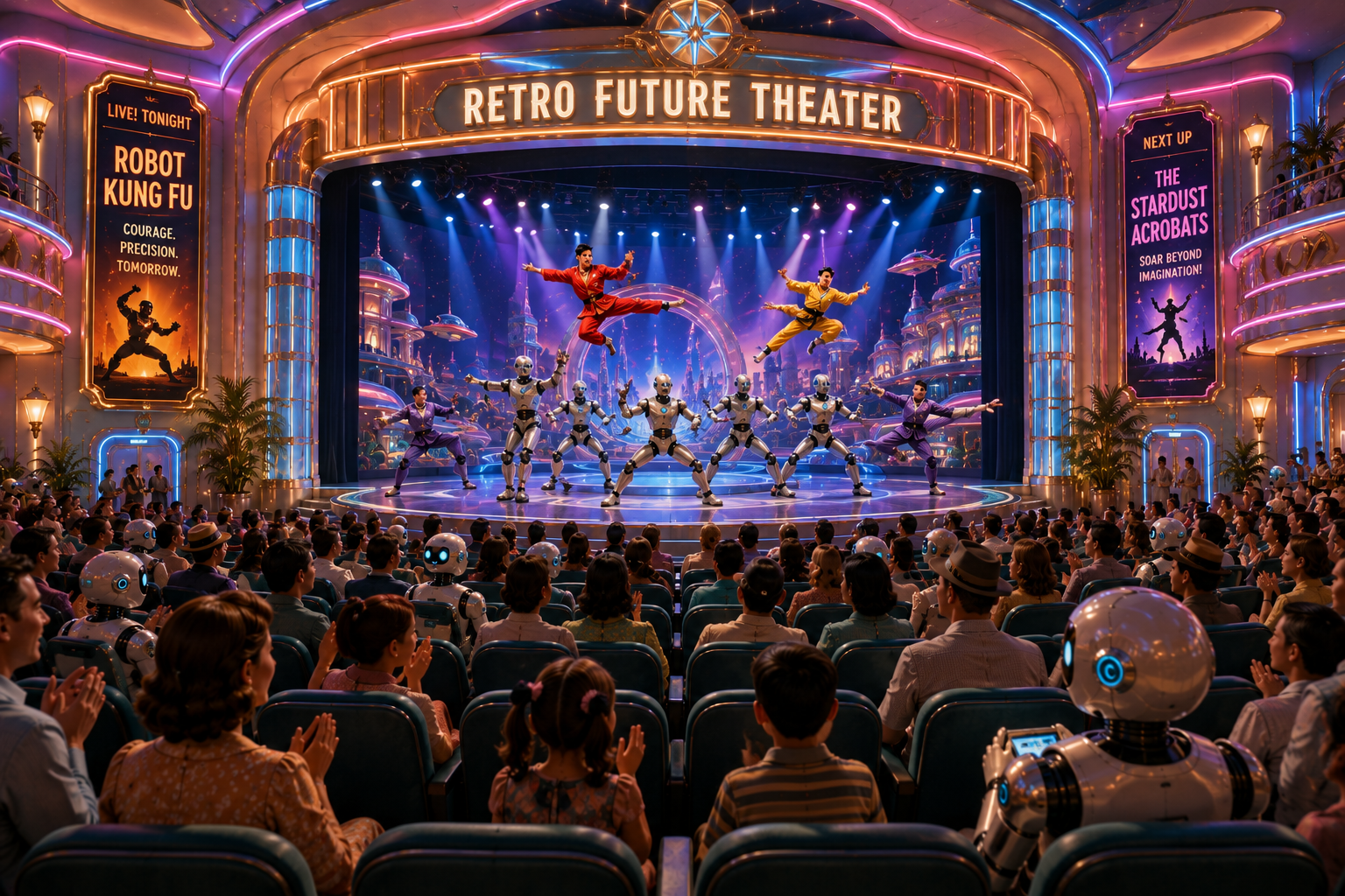 Human and robot performers presenting a futuristic martial arts show