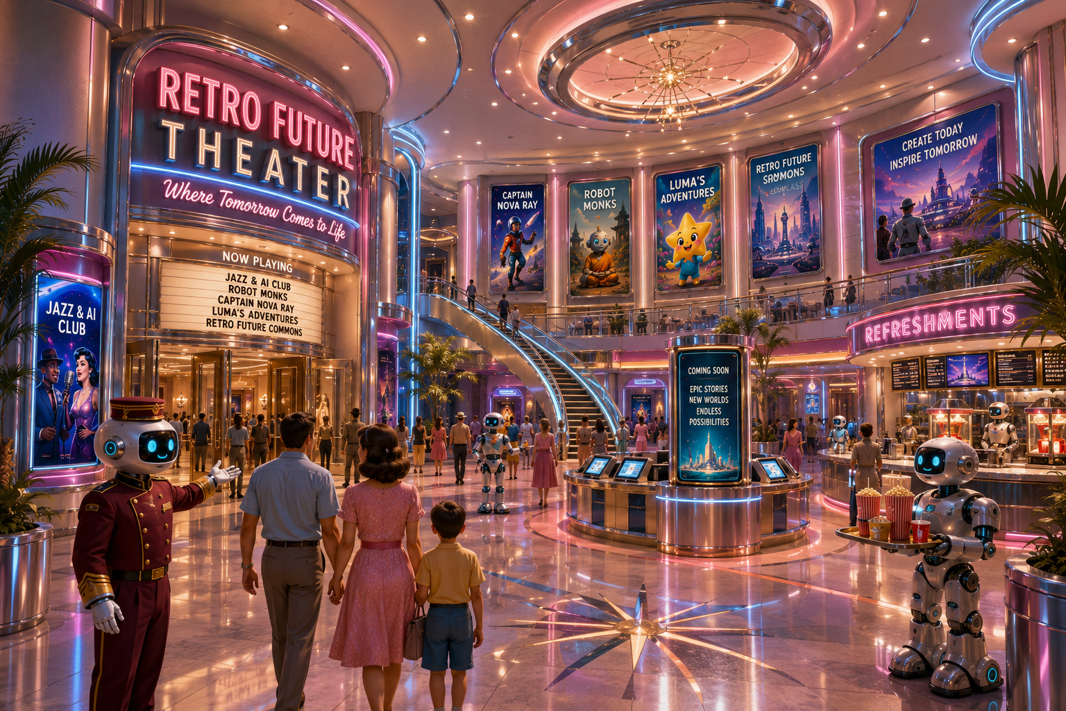 A bright pastel information lobby inside Retro Future Theater