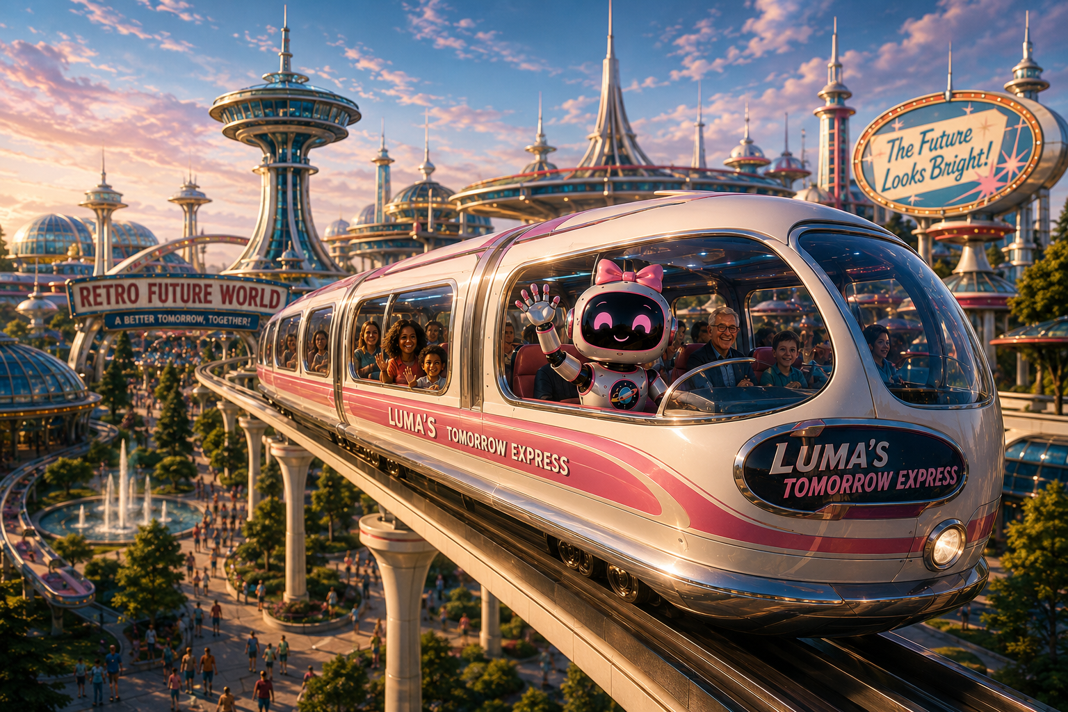 Luma's Tomorrow Express traveling above Retro Future World